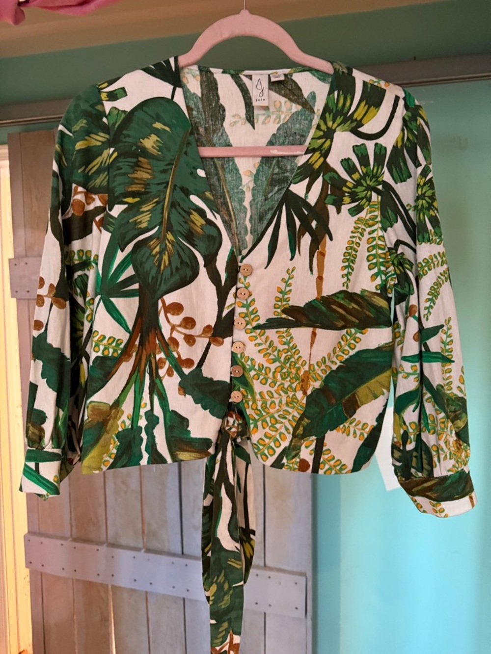 Joie Tropical Leaf Tie Front Crop Blouse XS Green Banana Leaf Resort Top